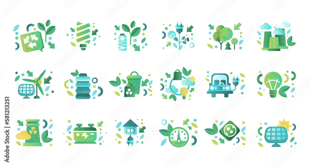 Ecology and renewable energy icons set. Alternative energy sources, power industry green signs vector illustration - obrazy, fototapety, plakaty 