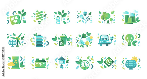 Ecology and renewable energy icons set. Alternative energy sources, power industry green signs vector illustration