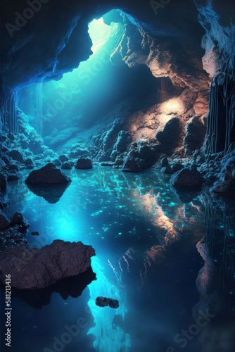 cave lake, cave in the sea, lake, cave, paradise, adventure, exploration, nature, beauty, tranquility, serenity, GENERATIVE AI