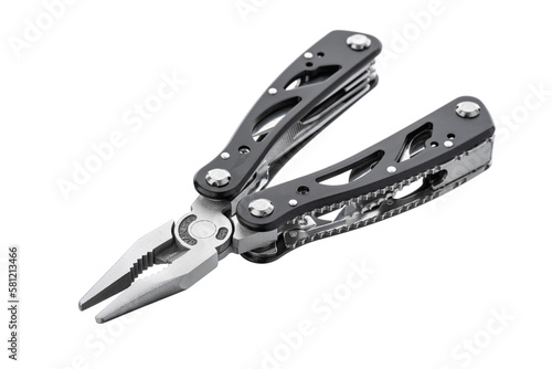 Steel multitool isolated on white background. Opened multitool with pliers, file, blade, screwdriver, bottle opener and saw, with a white background. Multi tool with expanded tools and pliers 