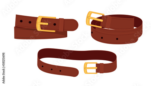 Set of leather belts with buttoned buckles isolated on white background. Clothing elements stylish accessories. Vector illustration of straps brown in cartoon flat style.