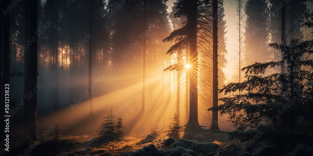 Misty forest with sun rising in distance representing beauty of new day