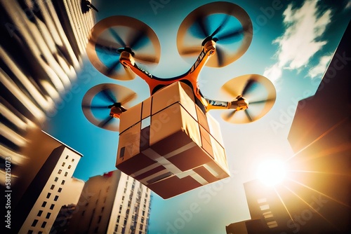 A quadcopter delivers a parcel. Close-up of a quadcopter in the open r. Generative AI Art.