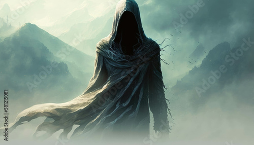 A faceless wraith lingers in the air the veil of death forever shrouding it. Fantasy art. AI generation. photo