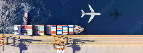 Fotografering Aerial drone ultra wide top down concept photo of container terminal and plane f