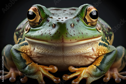 Beautiful Green Frog macro portrait. Amazing super detailed nature photography. Ai generated art