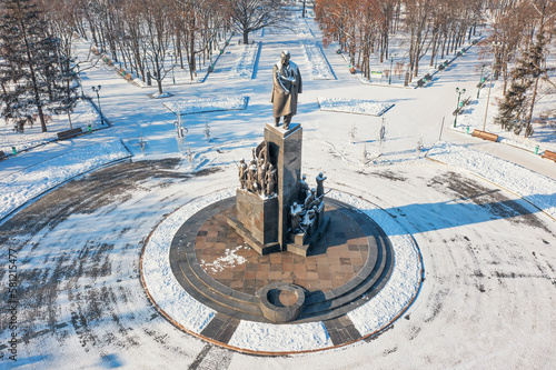 Kharkiv, Ukraine - January 20th, 2021: Aerial view to the Monument to Taras Shevchenko in the center of Kharkiv, Ukraine