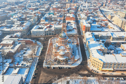 Kharkiv, Ukraine - January 20th, 2021: Aerial view to the central part of the city with historic buildings and city administration © e_polischuk