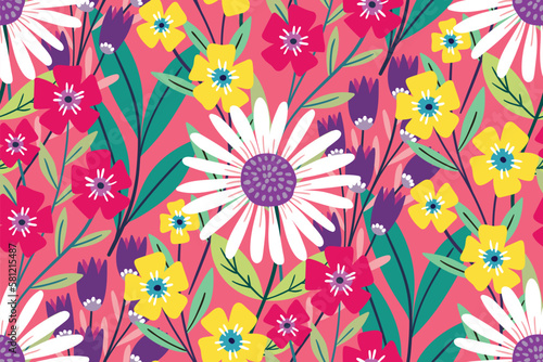 Seamless floral pattern, cute decorative art botany print. Pretty botanical design with hand drawn summer meadow: large chamomiles, flowers on branches, leaves on pink background. Vector illustration.