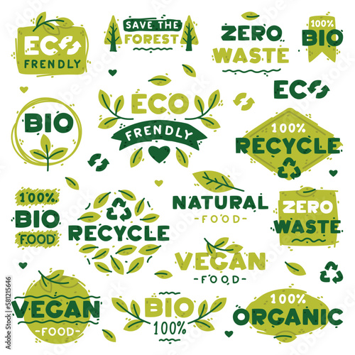 Ecology Badges and Green Eco Labels for Bio and Organic Product Vector Set