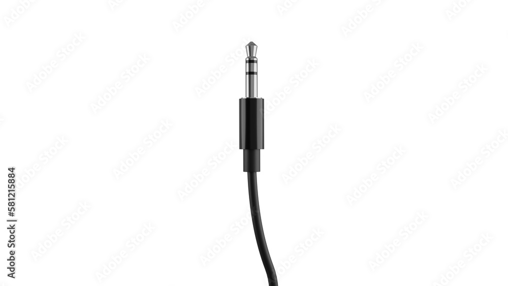 Silver 3.5mm mini jack plug with black cable isolated on transparent background. Audio concept. 3D render Silver 3.5mm mini jack plug with black cable isolated on transparent background. Audio concept. 3D render