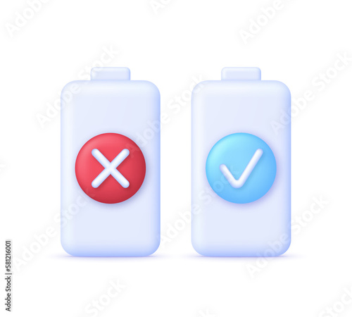 3D Battery icon. Check and cross marks. The battery is charging. Battery charge from low to high.
