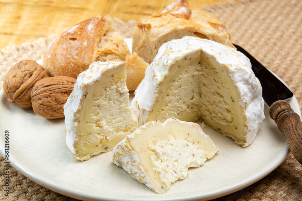 Cheese collection, soft cow French cheese with mold Gaperon artisanal lavored with cracked peppercorns and garlic produced in Auvergne Cheese collection, soft cow French cheese with mold Gaperon artisanal lavored with cracked peppercorns and garlic produced in Auvergne
