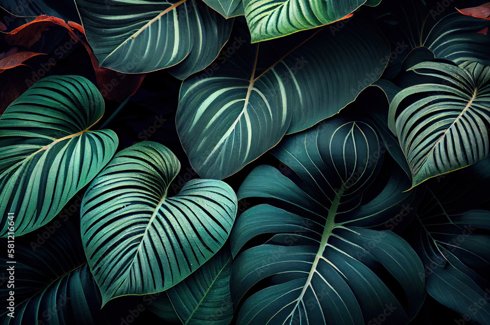 closeup nature view of green monstera leaf and palms background, dark nature background, tropical leaf closeup nature view of green monstera leaf and palms background, dark nature background, tropical leaf
