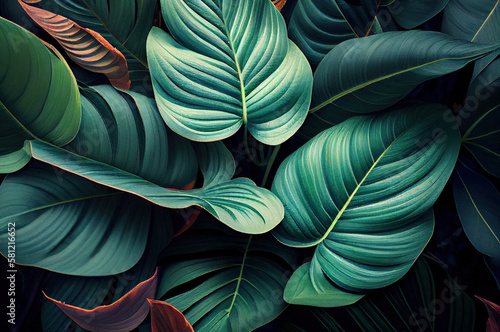 closeup nature view of green monstera leaf and palms background. Flat lay  dark nature concept  tropical leaf