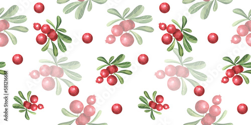 Seamless Pattern with Cranberry. Hand drawn watercolor background with red berries and green leaves. Fruits of lingonberry for wrapping paper
