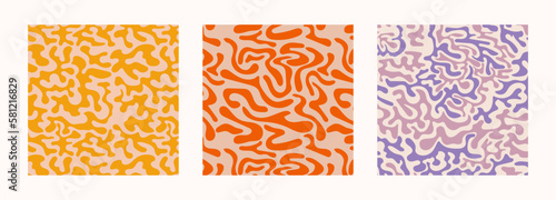Set of seamless psychedelic patterns in modern retro groovy style. Trendy abstract pattern set