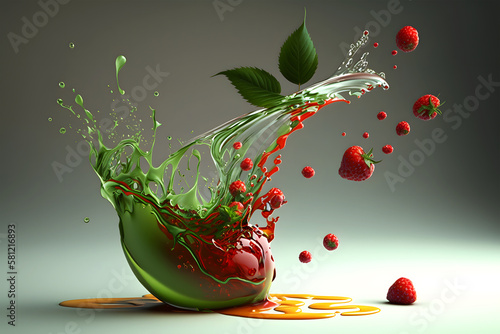 Fruit juice splash with berries. 3d illustration. 3d rendering. Generative AI technology. photo