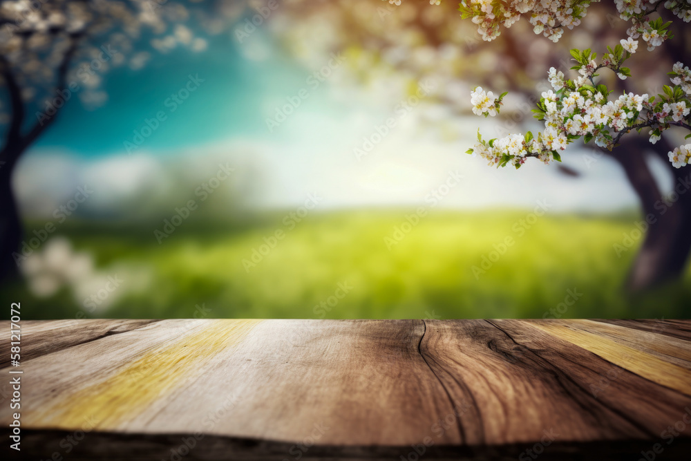 Empty wooden table in the field with a spring landscape, for product presentation Empty wooden table in the field with a spring landscape, for product presentation