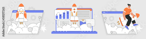 Successful business start up, launching new project concept. Creative, innovative idea. Set of vector illustration isolated on light background, modern flat cartoon style
