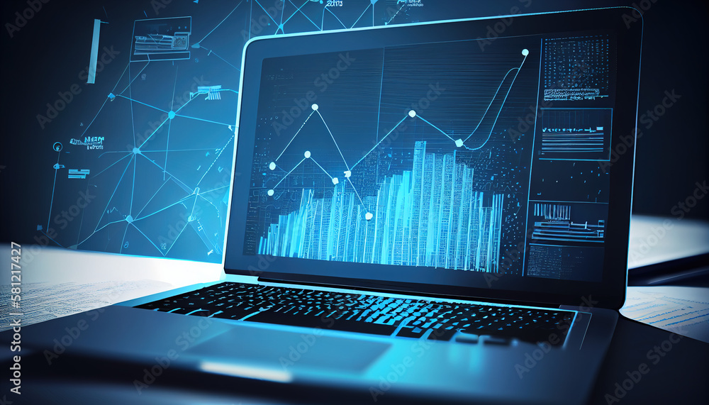 Digital image of background with charts and graphs, blending with laptop, blue tone color- Generative AI Digital image of background with charts and graphs, blending with laptop, blue tone color- Generative AI