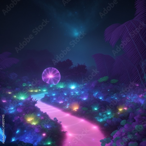 Mesmerizing bioluminescent night scene - nature  magic plants and creatures  in a colorful desert with a spectacular volumetric background  stars above. The breathtaking landscape  vibrant blue  pink