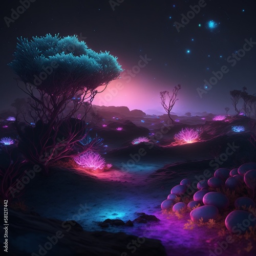 Mesmerizing bioluminescent night scene - nature, magic plants and creatures, in a colorful desert with a spectacular volumetric background, stars above. The breathtaking landscape, vibrant blue, pink photo