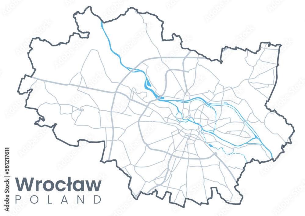 Urban Wroclaw map. Detailed map of Wroclaw, Poland. City poster with streets and Odra River