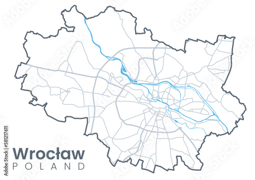 Urban Wroclaw map. Detailed map of Wroclaw, Poland. City poster with streets and Odra River. Light stroke version.