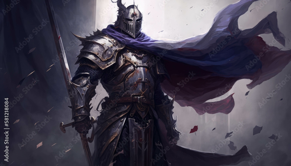 A dauntless knight standing firm in his brigandine his sword held high and banner fluttering in the wind. Fantasy art. AI generation.