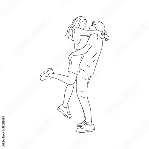 Happy couple in love. Guy hugs girl and lifts her up. Human relationship  sincere feelings. Black and white vector isolated illustration hand drawn