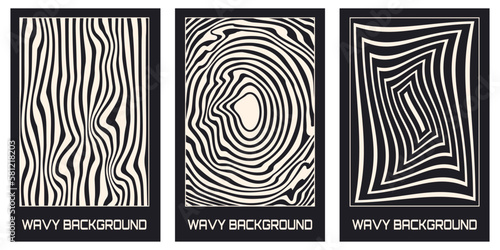 Vector set of abstract posters with optical waves. Bckgrouns in trendy psychedelic style.Vector illustration