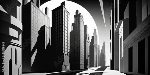 black and white cityscape with contrasting shadows creating sense of drama and depth  concept of Contrast and Depth  created with Generative AI technology