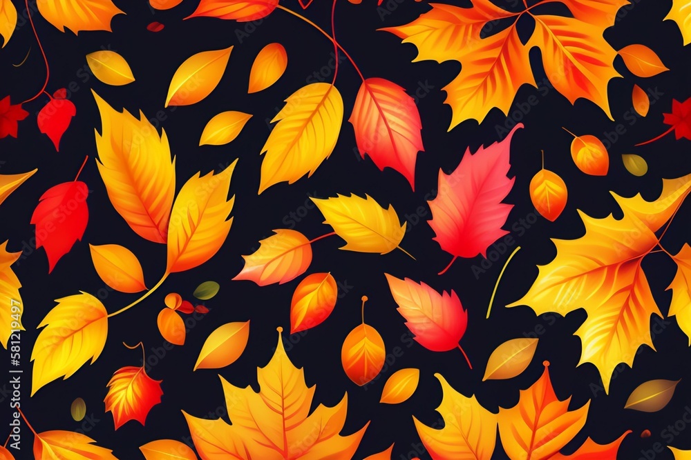 Seamless pattern with autumn leaves. Yellow and red leaves on a black background.