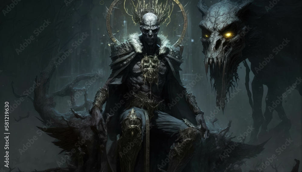 An ancient vampire sits atop a throne of bone commanding a legion of twisted abominations. Fantasy art. AI generation. An ancient vampire sits atop a throne of bone commanding a legion of twisted abominations. Fantasy art. AI generation.