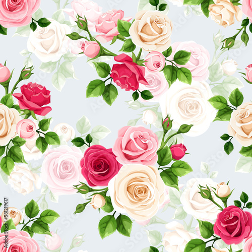 Seamless floral pattern with red  pink  and white rose flowers on a blue background. Vector illustration 