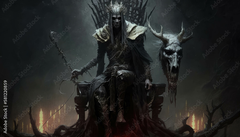 An ancient vampire sits atop a throne of bone commanding a legion of twisted abominations. Fantasy art. AI generation.