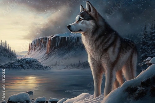 Majestic Winter Guardians  A Fantasy Siberian Husky Illustration Generative AI