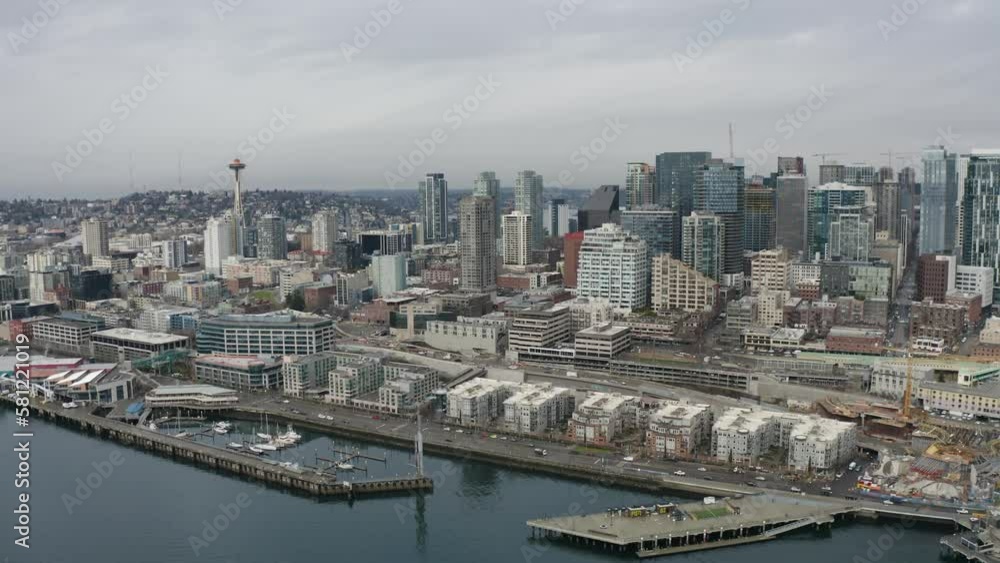 Panoramic aerial view of Seattle, Washington downtown skyline with Space Needle, Pike Place Market, and piers - 4K Drone Panoramic aerial view of Seattle, Washington downtown skyline with Space Needle, Pike Place Market, and piers - 4K Drone