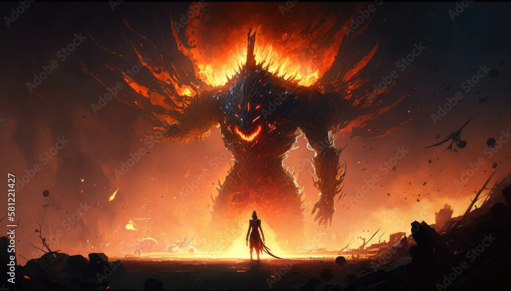 An inferno erupts from the earth encasing a mythic creature Fantasy art