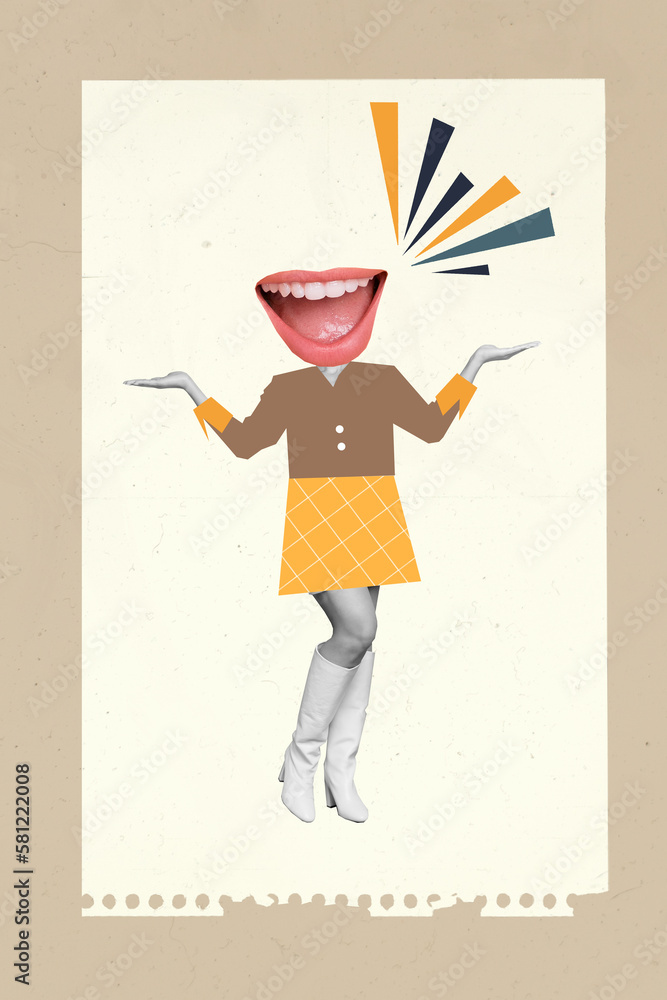 Vertical collage image of drawing girl big talking mouth instead head isolated on notebook paper page beige background - obrazy, fototapety, plakaty 