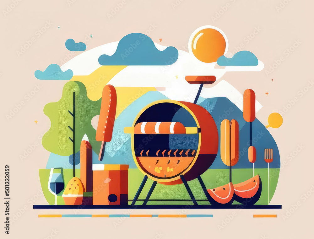 Naklejka premium A festive summer barbecue with smoky sausages and hotdogs. AI generation.