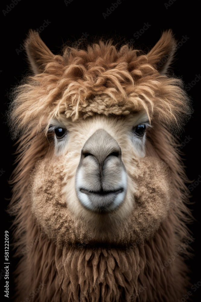 beautiful close-up portrait of a cool looking furry fawn alpaca on black background - post-processed generative AI