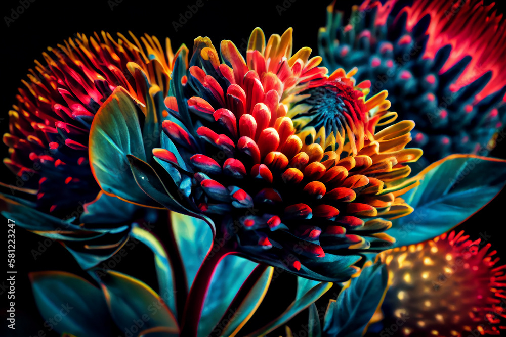 Close up flower with multi colored petal and leaf ,generative AI Close up flower with multi colored petal and leaf ,generative AI