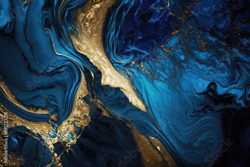 Close-up of blue and shiny gold spirit ink abstract texture, fashionable wallpaper. AI Generation