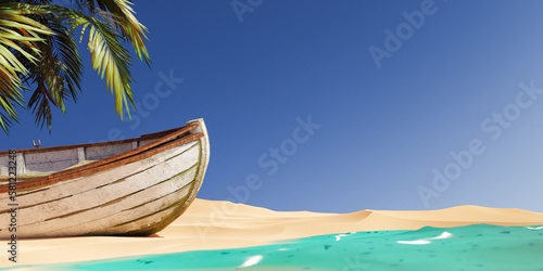 Fototapeta Naklejka Na Ścianę i Meble -  Wooden boat on sandy beach near palm in sunlight