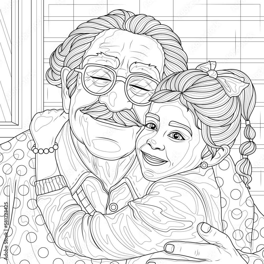 Granddaughter hugs grandfather.Coloring book antistress for children ...
