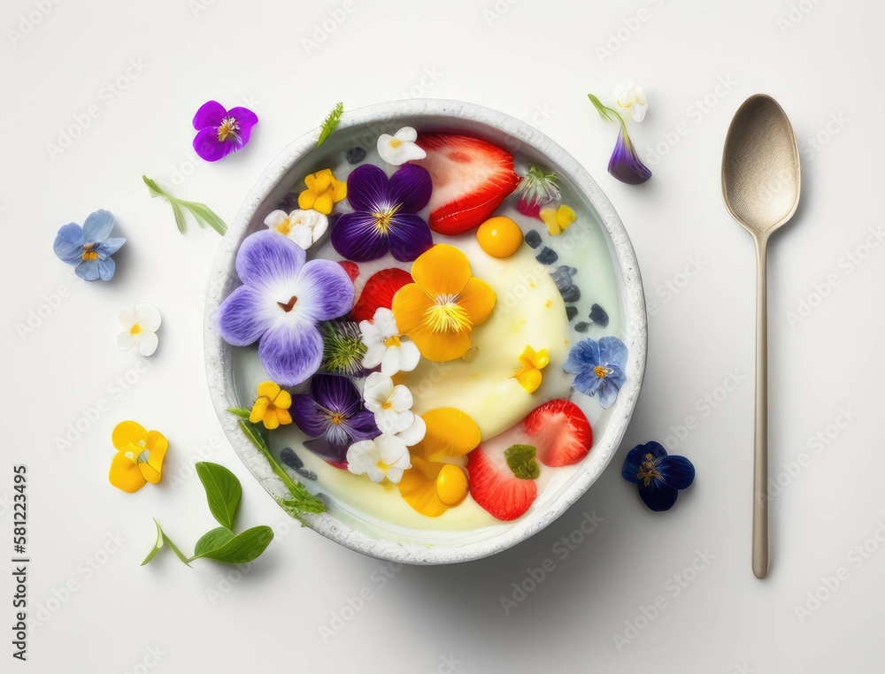 A top down shot of a fruit salad adorned with edible flowers. AI generation. A top down shot of a fruit salad adorned with edible flowers. AI generation.