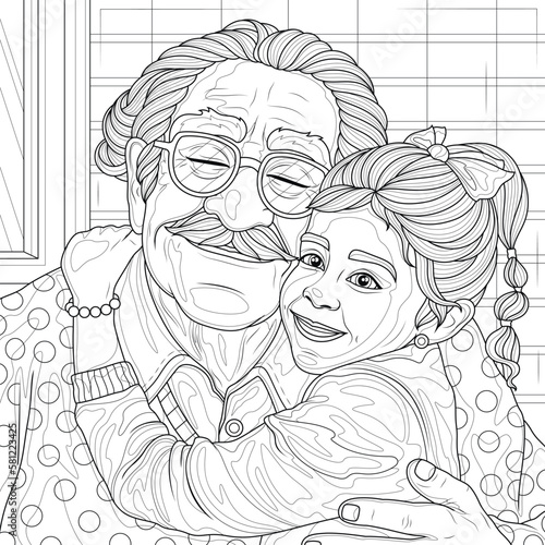 Granddaughter hugs grandfather.Coloring book antistress for children and adults. Illustration isolated on white background.Zen-tangle style. Hand draw