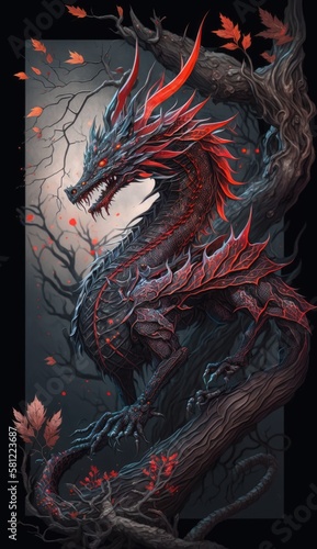 chinese terrible red dragon on fantasy forest 